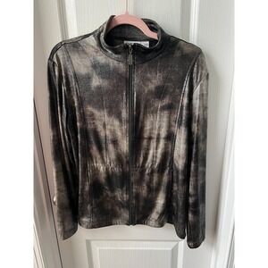 Chicos Travelers Womens Jacket Silver Metallic Simmer Reptile Print Zip Up Sz 1